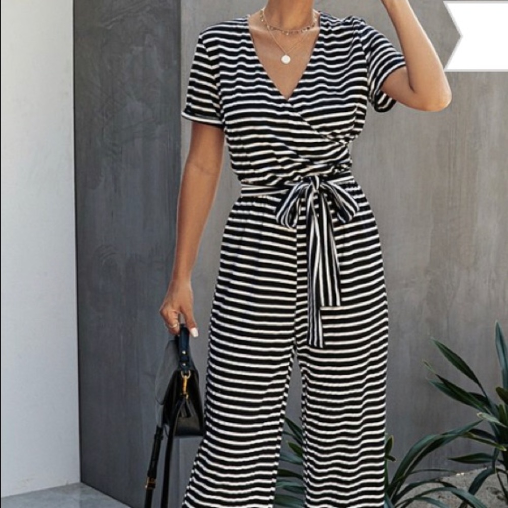 Black and white striped surprise crop jumpsuit
